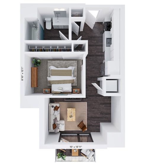Floor plan for 1 bed, 1 bath, 604 sqft